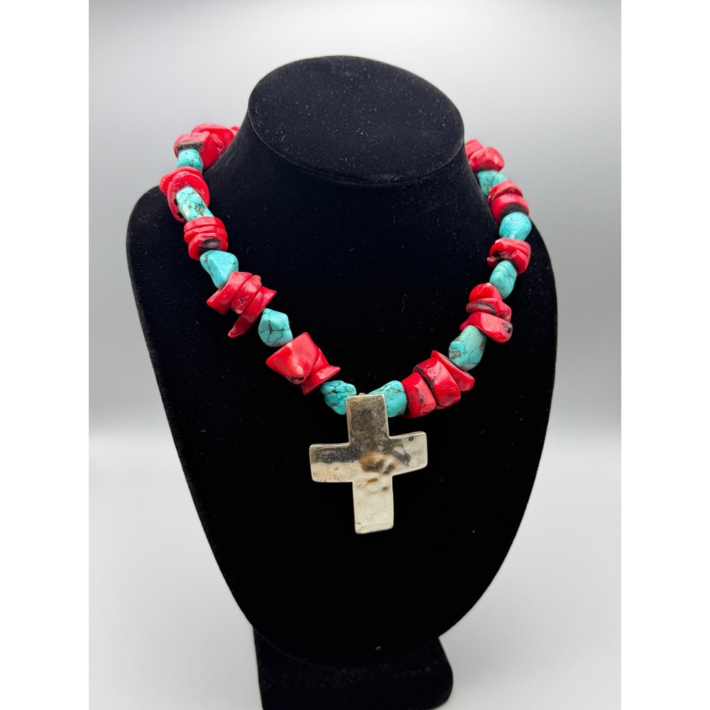 Vntg Red Coral Turquoise Nugget Necklace Large Cross Pendant Southwestern #1155